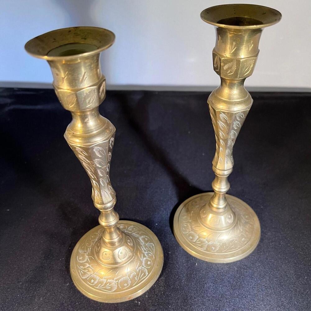 Pair of Vintage Brass Candlesticks, Etched, 7"tall  3"Base, Marked 371 YC